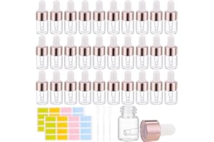 FRIUSATE 30pcs 2ml Dropper Bottle, Mini Empty Glass Dropper Bottles with 3 Dropper Pipettes, 2 Sheet Label Stickers Refillable Sample Dropper Bottle for Perfume Essential Oil Aromatherapy Eye Drops