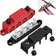 AULESSE 12V-48V DC Bus Bar Power Distribution Block 3/8" (M10) 4 Studs Heavy Duty Busbar Stud Terminal Junction Block with Cover and Ring Terminals 250 Amp for Cars RVs Ships Yachts (Red+Black)