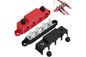 AULESSE 12V-48V DC Bus Bar Power Distribution Block 3/8" (M10) 4 Studs Heavy Duty Busbar Stud Terminal Junction Block with Cover and Ring Terminals 250 Amp for Cars RVs Ships Yachts (Red+Black)