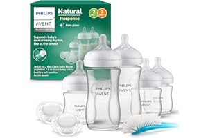 Philips AVENT Natural Response Glas-Geschenkset für Neugeborene – 3 x 120 ml und 2 x 240 ml Babyflaschen, 2 x ultra soft Schnuller 0–6 Monate, Flaschenbürste, BPA-frei (Modell SCD879/11)
