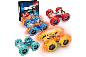 PANAMALAR Coches de Juguete Inerciales para Niños, 4pcs Doble Cara de Empujar y Marchar 360 Flip Vehículos Impulsados por Fricción Camiones Monstruo Regalo para Niños de 3 a 5