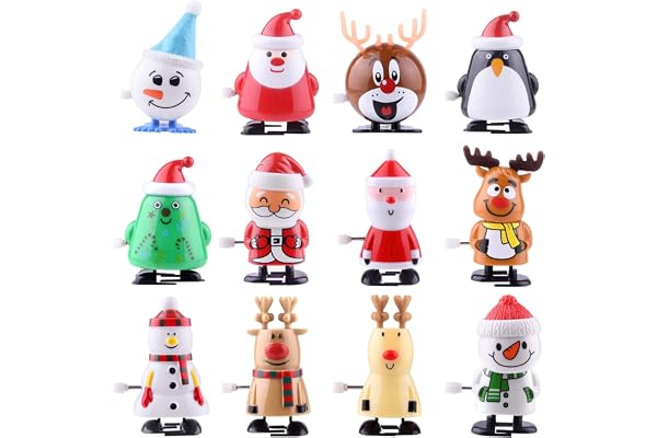 FEPITO 12 Pcs Noël Wind-Up Toys Set Bonhomme De Neige Renne Jouet pour Enfants Secret Santa Party Sac Cadeau pour Noël Anniversaire Thanksgiving