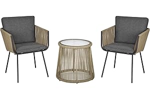 Outsunny Ensemble Salon de Jardin 3 pièces Style Colonial 2 fauteuils avec Coussins Gris + Table Basse résine Filaire Beige Acier époxy Noir