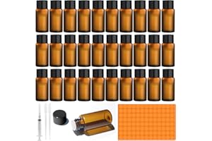 Amentalove 30 Stück 5ml Braune Leere Glasflaschen, Fläschchen für Ätherische Öle, Mini Glasflasche mit Pipette Spritze Aufkleber, Mini Fläschchen für Ätherisches Öl Spa Massage Aromatherapie