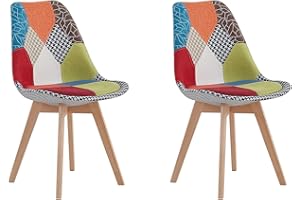 BenyLed Set di 2 Sedie per Sala da Pranzo Sedia da Scrivania in Tessuto di Lino Patchwork Gambe Legno Moderno (Rosso-2pcs)