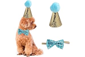SYMPHONYW Sombrero de cumpleaños para perro, sombrero de cumpleaños para mascotas, sombrero de cumpleaños y collar de pajarita para mascotas, disfraces de cumpleaños para sombreros (azul claro)