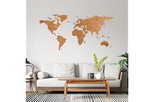 SLAVEC DESIGN Mappa del mondo 3D in legno | Decorazione d'arte per parete | Mappa di viaggi per parete. Idea Eccellente Come Regalo o Come Decorazione muraria - Ufficio, Cucina, Salotto (200 x 100 cm, Marrone)
