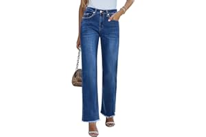 Vetinee Women's Baggy Jeans Straight Leg Frayed Hem Wide Leg Stretchy Jeans