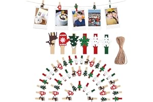 KARELLS Mini Navidad Pinzas para Colgar Fotos,50 PCS Pinzas Pequeñas Navidad Clips de Madera Pinzas para El Pelo Navideña Fotos Regalos Decoración con Cuerda de 10 Metros,Clips Decorativos Navidad