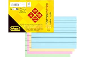 Idena 11384 - Schede A6, 200 pezzi foderati, flashcard in carta FSC-Mix da 180 g/m² in 4 colori, per scuola e ufficio