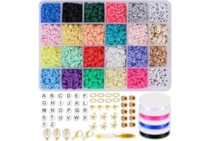 Foeska Clay Beads, Heishi Clay Beads, 4000 Pcs 6mm 20 Colors Flat Round Polymer Clay Spacer Beads with Pendant Charms Kit and 4 Roll Elastic Strings for DIY Jewelry Making Bracelets Necklace