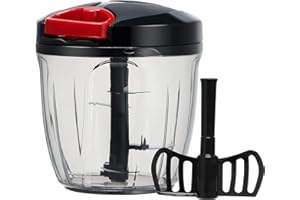 Ourokhome Garlic Grinder Onion Chopper, 2 in 1 Manual Food Processor Portable Speed Pull String Vegetable Cutter for Veggies, Ginger, Fruits, Nuts, Herbs with a Blend Blade etc, 900 ml, Black