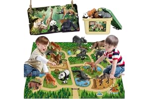 Mini Tudou 12 Pcs Safari Animals Figures Toys w/ 145x98CM Large Activity Play Mat, Realistic Jumbo Jungle Wild Zoo Animals Figurines Playset w/ Elephant, Giraffe, Lion for Kids Toddlers Boys & Girls