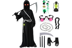 YADODO Grim Reaper Costume Kids Boys 5-6-7-8-9-10-11-12-13-14 with Scythe Glowing Eyes Scary Grim Reaper Outfit Fancy Dress Kids Scream Scary Halloween Death Costume Cloak Black Cape for Boys Girls Halloween