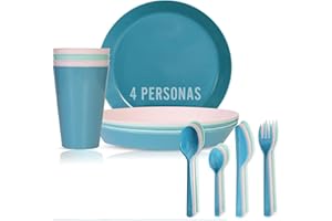 Mypicompany. Vajilla Camping 24 Piezas en Tonos Colores Pastel 4 Personas. 4 Platos Plastico Duro+ 4 Vasos Plastico Duro Reutilizables+ Cubiertos. Menaje Camping Apto para Microondas y Lavavajillas.