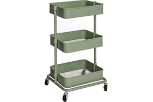 SONGMICS 3-Tier Storage Trolley, Rolling Cart, Kitchen Storage Cart with Height Adjustable Shelves, Utility Cart with 2 Brakes, Easy Assembly, for Bathroom, Kitchen, Office, Olive Green BSC060C01