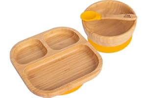 Tiny Dining Baby Dinner Set - Segmented - Yellow - 3pc - Divided Non-Slip Bamboo Self-Feeding Baby Weaning Plate, Bowl & Spoon for Babies, Toddlers, Children