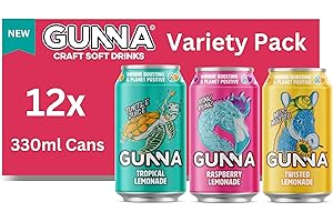 Gunna Immune Boosting Fizzy Drinks, Variety Pack of Soft Drinks, Natural, Vegan, Sparkling Soft Drinks, Lemonade Cans, Tropical, Raspberry, Mint Flavours, 330ml x 12