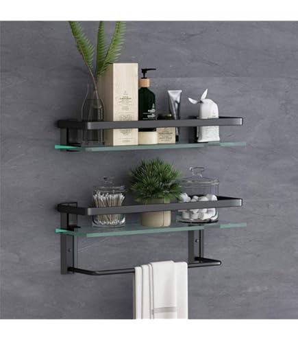 Voldra 2-Pack Tempered Glass Bathroom Shelves – 15.7" Wall-Mounted Floating Shelves With Black Rail