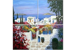 Napolamp Quadro Mosaico di 4 mattonella in Ceramica di cm. 15x15 con Stampa Paesaggio 1 nello Stile Mediterraneo Misura Mosaico cm. 30x30