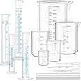 SPYLX Plastic Graduated Cylinder Beaker Set, Thick Lab Cylinders (10 ml, 25 ml, 50 ml, 100 ml), Beaker (50 ml, 100 ml, 250 ml, 500 ml, 1000 ml) with 3 Plastic Dropper 4 Stirring Rod 7.9 Inch