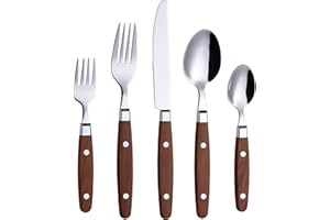 ANNOVA Juego de Cubiertos 20 Piezas Acero Inoxidable Mango de Color con Remache/Cubiertos Estilo Retro (Wood, 20 Pieces)