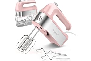 HaooAir 450W Elektro-Handmixer, 5-Gang-Handmixer mit Messbecher-aufbewahrung, 4* Edelstahl-Zubehör, Turbo-Boost, Auswurftaste, Küchenmixer für Backen, Pink