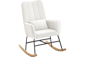 SONGMICS HOME Sedia a Dondolo, con Braccioli, Poltrona a Dondolo, Rivestimento in Peluche, Struttura in Acciaio, Piedi in Legno, Portata 160 kg, Camera da Letto Salotto, Bianco Crema LYY500W01