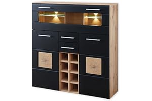 Stella Trading SONATE - Armario de Bar en Aspecto de Madera de Roble Envejecido, Color Negro, Moderno aparador Alto con botellero e iluminación led, 120 x 128 x 37 cm (Ancho x Alto x Profundo)