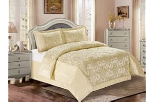 SPL Luxurious 3 Pcs Jacquard Bedspread Quilted Comforter with Matching Pillow Cases Bedding Set Azzaro Cream King