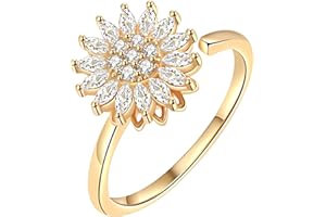 Cosswe Angst Spinning Ringe für Damen, Offener Ring Fidget Spinner Ringe, Anxiety Ring Sonnenblume Zirkonia Zappelringe, Verstellbare Stapelbare für Stress Abbauen