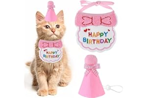 QIYULIN Small Dog Cat Birthday Hat Scarf Set Cat Birthday Outfit Puppy Birthday Bib Cute Cat Birthday Bandana Party Decoration Set Pet Birthday Bandana Bib(Pink)