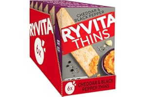 Ryvita Cheddar & Cracked Black Pepper Thins | Dipping, Snacking, Sharing | Fibre | Healthy | 6 PACKS of 125g