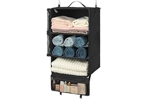 ‎GRANNY SAYS GRANNY SAYS Hängeregal Stoff mit 3 Fächern, Koffer Organizer Hängend, Faltbare Kleiderschrank Hängeorganizer, Tragbares Reiseregal, Schwarz Gepäck Organizer, Portable Hanging Travel Organiser