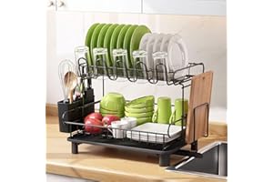 MAJALiS Dish Drainer Rack, 2 Tier Dish Drainer with Drip Tray, Stainless Steel Dish Rack with Utensil Holder, Swivel Spout, Draining Board Rack for Kitchen Counter, Black