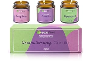 ecoKiwi Candles Gifts for Women - 3x100g - Vegan Clary Sage, Lavender & Peppermint - Scented Candle Gift Sets for Women - Soy Wax Spa Aromatherapy Candle Set in Glass Jars - 20hrs Long Burning Time