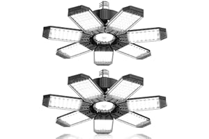HAPYLUMI Éclairage LED Garage 200W 2 Pièces - 20000LM Puissant Plafonnier Déformable à 7 Panneaux Ajustables 6500K E26/E27 Pour Garages, Entrepôt, Cave, Atelier