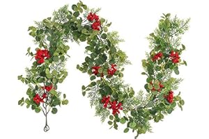 ELLECILA 6Ft Eucalyptus Christmas Garland, Artificial Eucalyptus Cedar Garland With Red Berry, Christmas Greenery Garlands for Table, Mantle, Wall, Christmas Decorations Holiday Indoor Outdoor Winter Garland