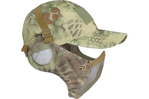 Yzpacc - Set di maschera e cappello per softair, in maglia d'acciaio con protezione per le orecchie e berretto da baseball, maschera protettiva tattica per CS Game, BB Gun, paintball, caccia, tiro