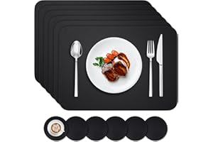 BANNIO Placemats And Coaster Sets 6, Christmas Placemats Non-Slip Washable Waterproof Table Mats Heat Insulation PVC Leather Place Mats Home Kitchen Restaurant And Hotel, 42x30cm, Black