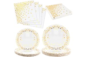 JABNOW Platos Desechables 60Pcs Juego de Platos de Papel Incluye 20 Platos Llanos 9", 20 Platos de Postre 7" y 20 Servilletas Vajilla Desechable para Boda, Barbacoas, Fiestas y Cumpleaños- Color Dorado