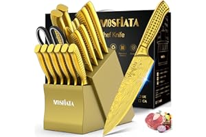 MOSFiATA Set Coltelli da Cucina con Ceppo, Coltello da Cucina Placcato in Titanio con Affilatura Acciaio per Carne, Verdure, Pane e Frutta