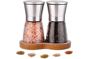 LessMo Molinillos de Sal y Pimienta, Especias Molinillo, Molinillo Núcleo de Cerámica con Soporte de Haya - Juego de Molinillos con Grosor Ajustable - AceroInoxidable Cepillado, Juego de 2