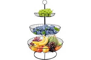 FIUHP Corbeille a Fruit Noir 3 Etages, 30 x 48 cm Grande Metal Vague Panier Fruit, Panier Rangement Fruits et Legumes Cuisine, Durable Porte Fruits Pour Oignons Collations et Légumes