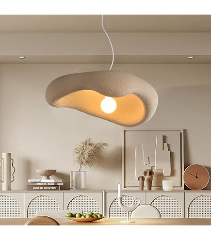 Lampe Suspendue Moderne Blanche Style Wabi-Sabi Japonais - Hauteur Réglable E27 Pour Cuisine, Salle à Manger Et Salon (50x34cm, Sans Ampoule)