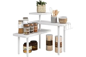 IBUYKE Scaffale Angolare per Cucina,portaspezie a 3 ripiani,organizer per riporre spezie, 4 ganci laterali,Organizzatore da appoggio,per cucina, bagno, bancone, mobile,marrone rustico,TLJ023W