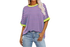 Keepink Oversized T Shirts for Women Short Sleeve Crew Neck Summer Tops Striped Color Block Loose Casual Shirts Basic Pullover Tee Ladies Long Length Tops Tunic Blouse Clearance