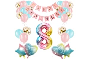 Apradas 8th Birthday Decorations - Gradient Color Age 8 Balloons with Happy Birthday Banner for Girl's 8th Party Supplies