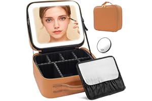 HMGGOOFA Makeup Case Organizer with Lighted Mirror, Travel Makeup Bag with Mirror and Lights Partitionable Makeup Bag with Light Up Mirror, Cosmetic Case with Mirror and Detachable 10X Magnifying Mirror(Brown)