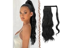 FESHFEN Coleta Postiza Rizada Pelo, 60 cm Largo Ondulado Wavy Ponytail Extension Negro Apagado Cola de Caballo Extensiones Clip Postizos de Pelo Rizado para Mujeres